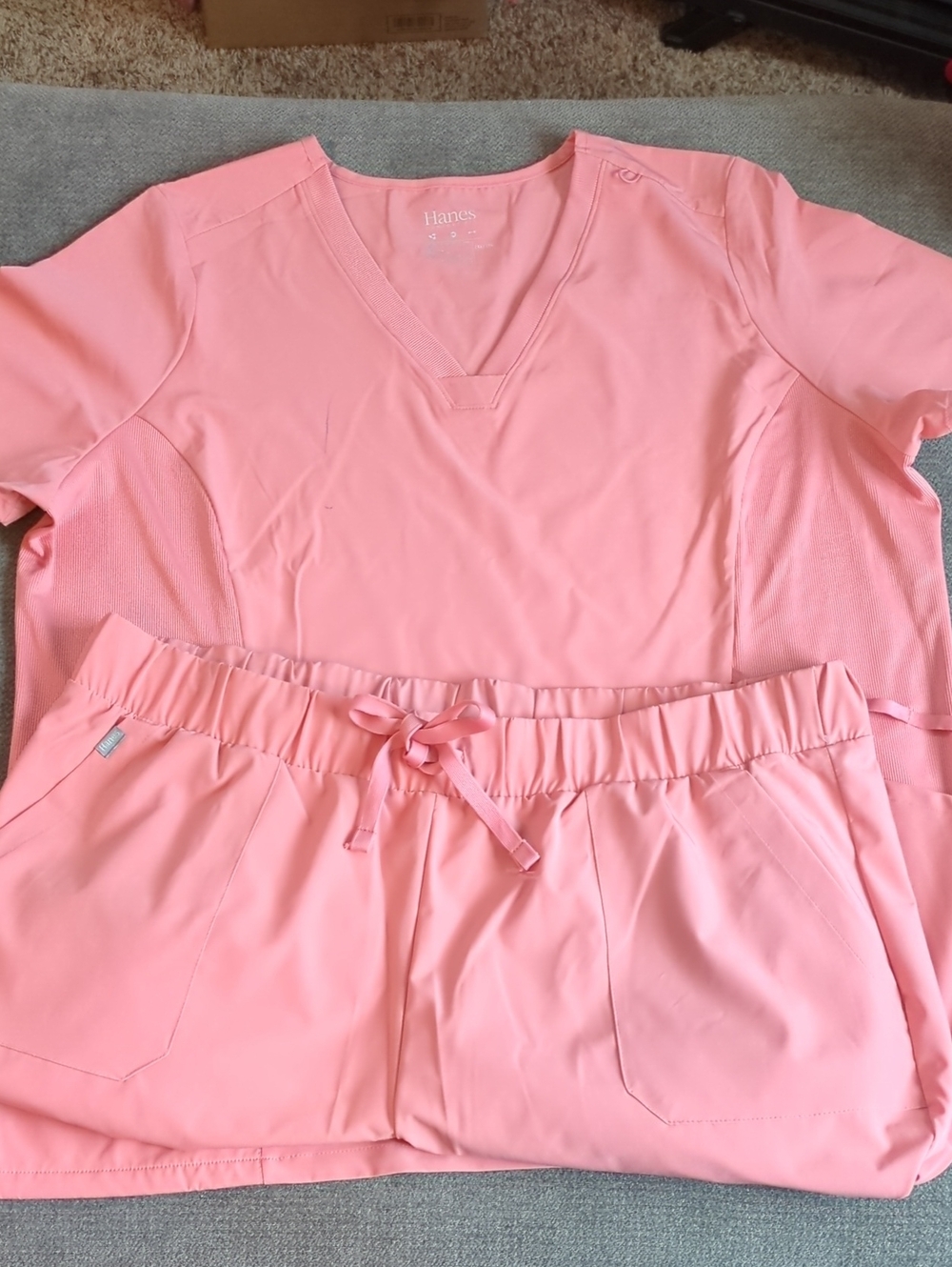 Hanes Light Pink V-Neck Scrub Top and Drawstring Pants Set